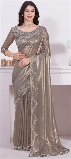Reception, Wedding Gold color Saree in Shimmer fabric with Classic Zircon work : 1937817