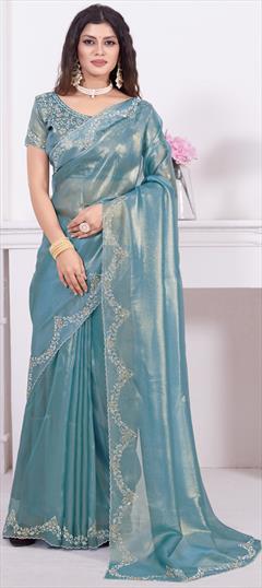 Reception, Wedding Blue color Saree in Shimmer fabric with Classic Zircon work : 1937818