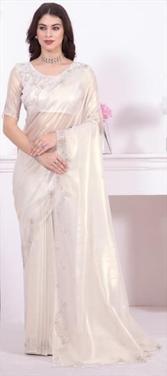 Reception, Wedding White and Off White color Saree in Shimmer fabric with Classic Zircon work : 1937820
