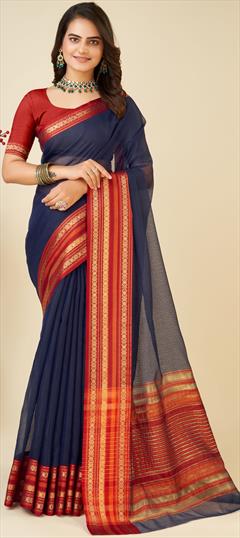 Festive, Traditional Blue color Saree in Kota Doria Silk fabric with South Weaving work : 1937879