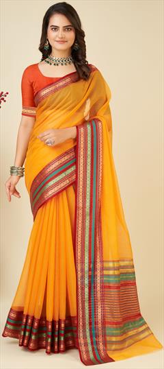 Festive, Traditional Yellow color Saree in Kota Doria Silk fabric with South Weaving work : 1937880