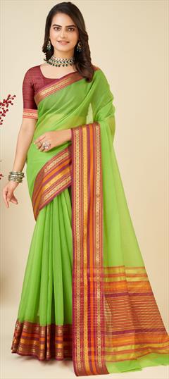 Festive, Traditional Green color Saree in Kota Doria Silk fabric with South Weaving work : 1937887