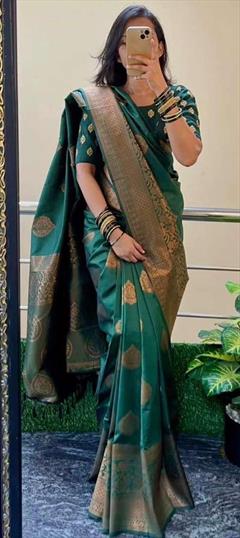 Party Wear, Traditional Green color Saree in Banarasi Silk fabric with South Thread, Weaving work : 1937896