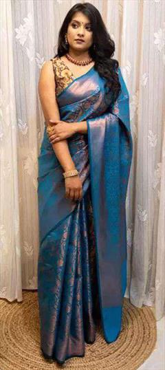 Party Wear, Traditional Blue color Saree in Banarasi Silk fabric with South Thread, Weaving work : 1937906