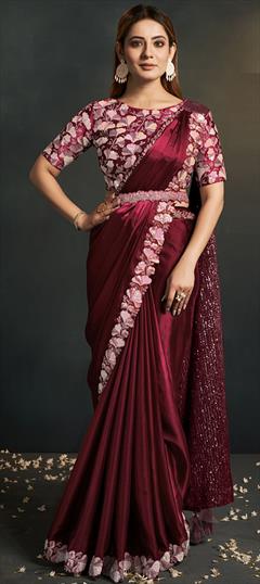 Bridal, Traditional, Wedding Red and Maroon color Readymade Saree in Satin Silk fabric with Classic Embroidered, Sequence, Stone, Thread work : 1937911