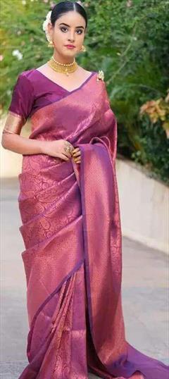 Party Wear, Traditional Pink and Majenta color Saree in Banarasi Silk fabric with South Thread, Weaving work : 1937918