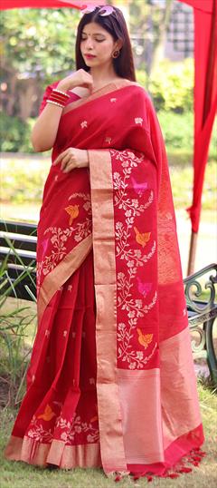 Party Wear, Traditional Red and Maroon color Saree in Linen fabric with Bengali Border, Jamdani, Weaving, Zari work : 1937930