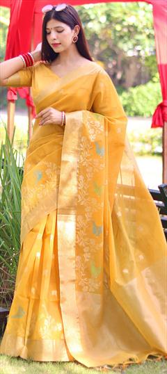 Party Wear, Traditional Yellow color Saree in Linen fabric with Bengali Border, Jamdani, Weaving, Zari work : 1937932