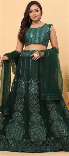Bridal, Wedding Green color Lehenga in Net fabric with Flared Embroidered, Sequence, Zari work : 1937967