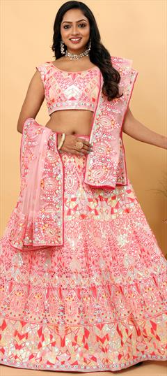 Bridal, Wedding Pink and Majenta color Lehenga in Georgette fabric with Flared Embroidered, Sequence, Thread work : 1937969
