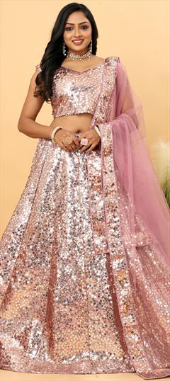 Bridal, Wedding Pink and Majenta color Lehenga in Satin Silk fabric with Flared Sequence, Thread work : 1937979