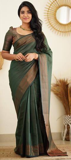 Party Wear, Traditional Green color Saree in Art Silk fabric with South Weaving work : 1938015