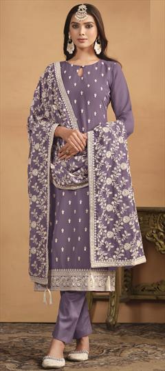 Festive, Party Wear, Reception Purple and Violet color Salwar Kameez in Faux Georgette fabric with Pakistani, Straight Embroidered, Sequence, Thread work : 1938040
