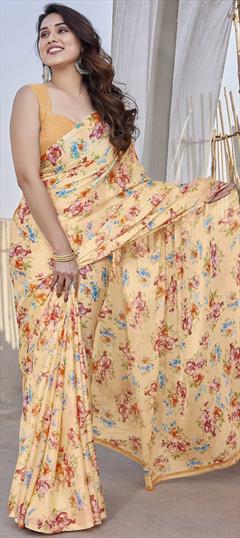 Party Wear Orange color Saree in Chiffon fabric with Classic Floral, Printed work : 1938118