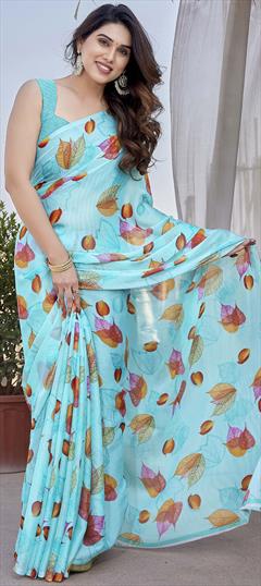 Party Wear Blue color Saree in Chiffon fabric with Classic Floral, Printed work : 1938119