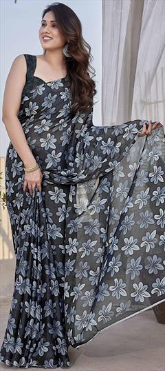 Party Wear Black and Grey color Saree in Chiffon fabric with Classic Floral, Printed work : 1938121