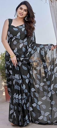Party Wear Black and Grey color Saree in Chiffon fabric with Classic Floral, Printed work : 1938123