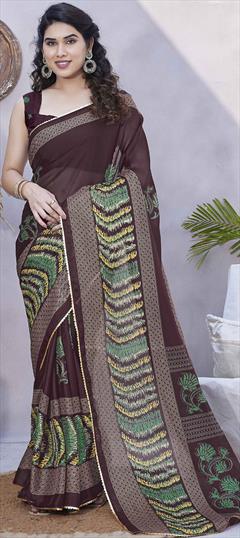 Party Wear, Traditional Beige and Brown color Saree in Chiffon fabric with South Floral, Lace, Sequence, Zari work : 1938141