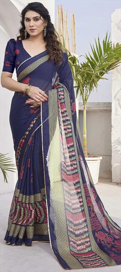 Party Wear, Traditional Blue color Saree in Chiffon fabric with South Floral, Lace, Sequence, Zari work : 1938142
