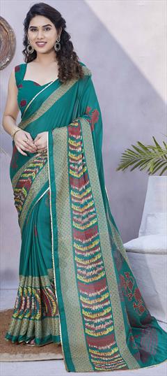 Party Wear, Traditional Blue color Saree in Chiffon fabric with South Floral, Lace, Sequence, Zari work : 1938144