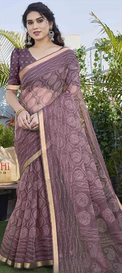 Casual, Traditional Purple and Violet color Saree in Kota Doria Silk, Polyester Silk fabric with South Printed work : 1938146