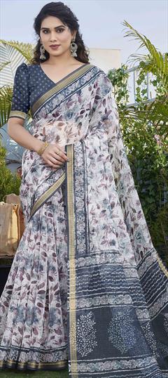 Casual, Traditional White and Off White color Saree in Kota Doria Silk, Polyester Silk fabric with South Floral, Printed work : 1938148