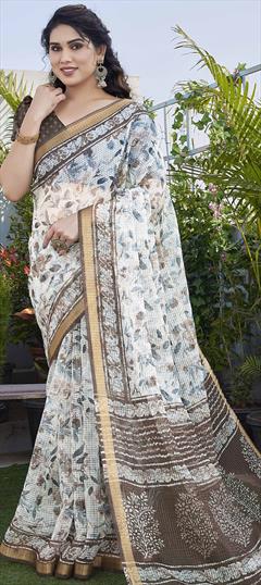 Casual, Traditional White and Off White color Saree in Kota Doria Silk, Polyester Silk fabric with South Floral, Printed work : 1938149