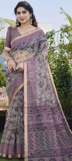 Casual, Traditional Green color Saree in Kota Doria Silk, Polyester Silk fabric with South Floral, Printed work : 1938152
