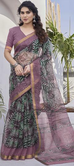 Traditional Green color Saree in Kota Doria Silk, Polyester Silk fabric with South Printed work : 1938170