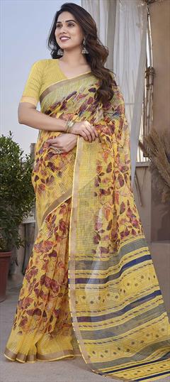 Traditional Yellow color Saree in Kota Doria Silk, Polyester Silk fabric with South Printed work : 1938173