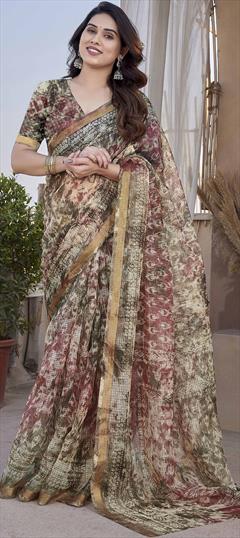Traditional Beige and Brown color Saree in Kota Doria Silk, Polyester Silk fabric with South Printed work : 1938185