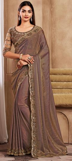 Bridal, Wedding Beige and Brown color Saree in Shimmer fabric with South Embroidered, Sequence, Thread work : 1938408