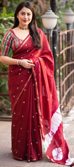 Party Wear, Traditional Red and Maroon color Saree in Chanderi Silk fabric with South Printed work : 1938410
