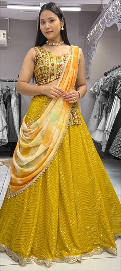 Bridal, Wedding Yellow color Ready to Wear Lehenga in Georgette fabric with Flared Embroidered, Moti, Sequence, Thread work : 1938416