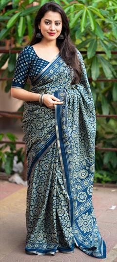 Party Wear, Traditional Blue color Saree in Blended Cotton fabric with Bengali Printed work : 1938458