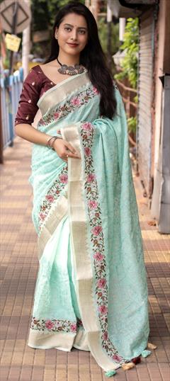 Party Wear, Traditional Blue color Saree in Linen fabric with Bengali Embroidered work : 1938485