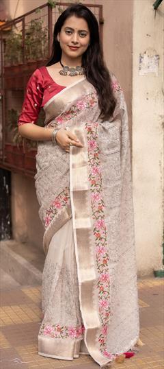 Party Wear, Traditional Black and Grey color Saree in Linen fabric with Bengali Embroidered work : 1938487