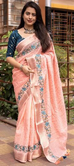 Party Wear, Traditional Pink and Majenta color Saree in Linen fabric with Bengali Embroidered work : 1938488