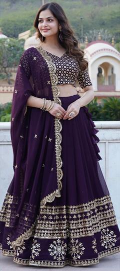 Engagement, Reception, Wedding Purple and Violet color Lehenga in Georgette fabric with Flared Embroidered, Sequence work : 1938549