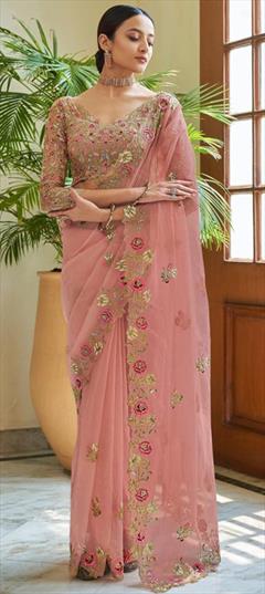 Engagement, Reception, Wedding Pink and Majenta color Saree in Georgette fabric with Classic Embroidered, Sequence, Thread work : 1938554