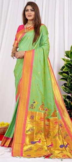 Festive, Traditional Green color Saree in Silk fabric with South Weaving, Zari work : 1938560
