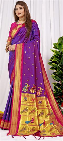 Festive, Traditional Purple and Violet color Saree in Silk fabric with South Weaving, Zari work : 1938564
