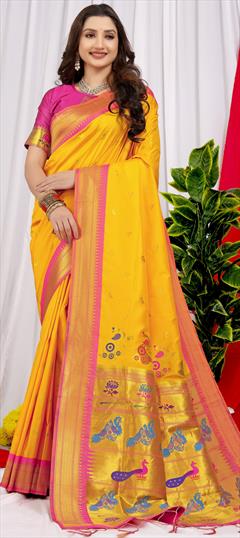 Festive, Traditional Yellow color Saree in Silk fabric with South Weaving, Zari work : 1938565