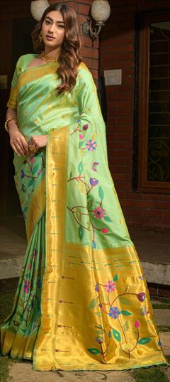 Festive, Traditional, Wedding Green color Saree in Silk fabric with South Weaving, Zari work : 1938610