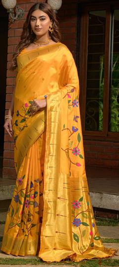 Festive, Traditional, Wedding Yellow color Saree in Silk fabric with South Weaving, Zari work : 1938612