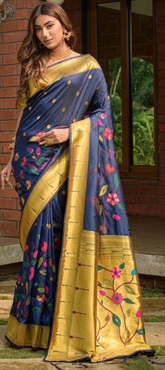 Festive, Traditional, Wedding Blue color Saree in Silk fabric with South Weaving, Zari work : 1938614
