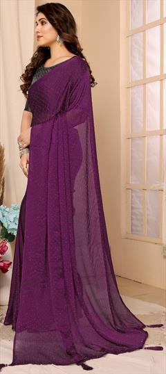 Festive, Reception Purple and Violet color Saree in Chiffon fabric with Classic Stone work : 1938640
