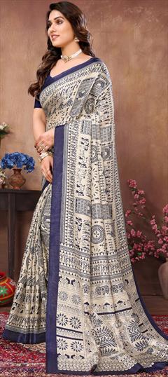 Party Wear, Traditional Blue color Saree in Cotton fabric with Bengali Printed work : 1938642