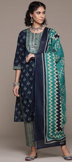 Festive, Summer Blue color Salwar Kameez in Cotton fabric with Straight Embroidered, Printed, Resham, Sequence, Thread work : 1938652