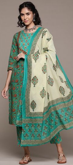 Festive, Summer Green color Salwar Kameez in Cotton fabric with Straight Floral, Printed, Thread work : 1938653